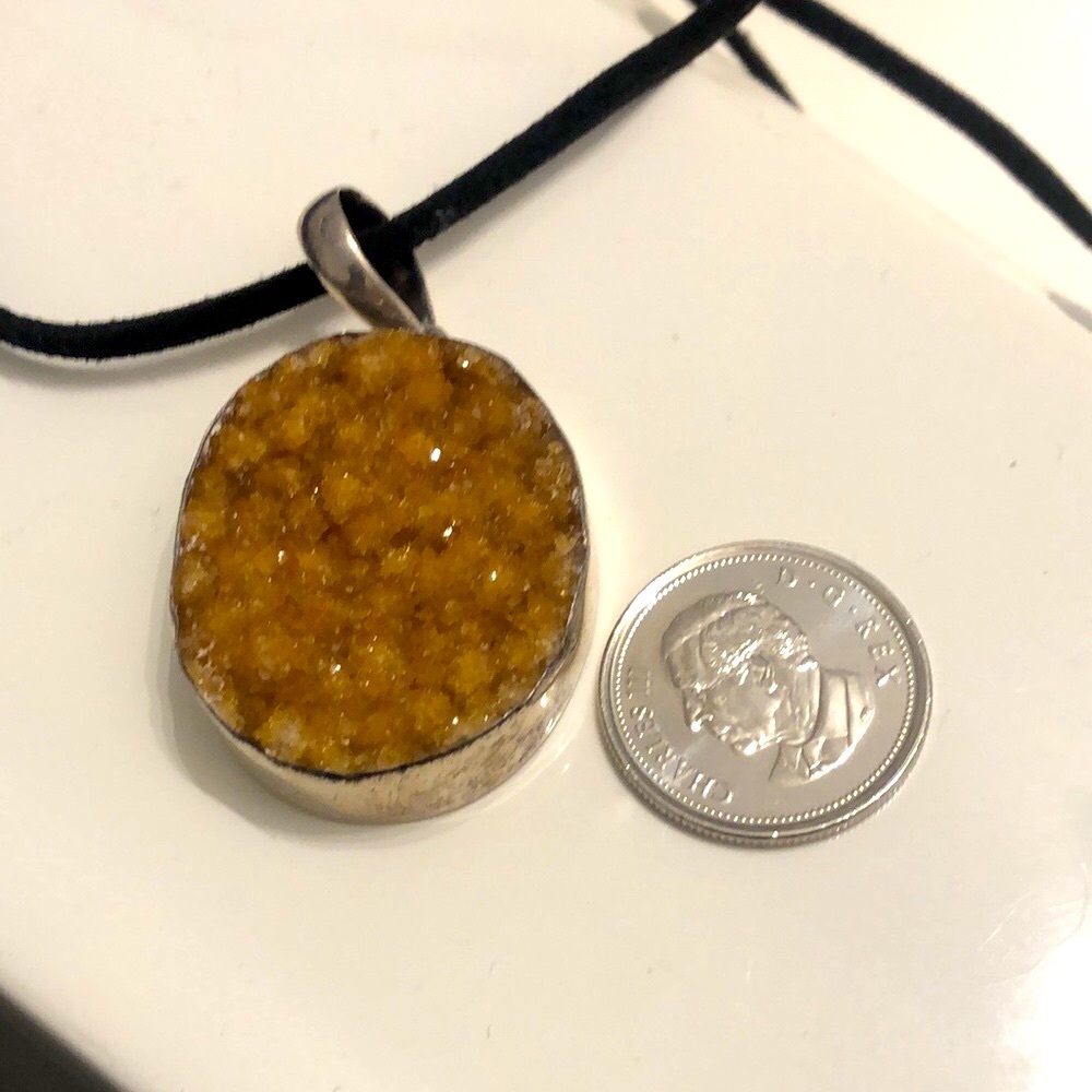 Sterling Silver Citrine Druze pendant necklace black cord